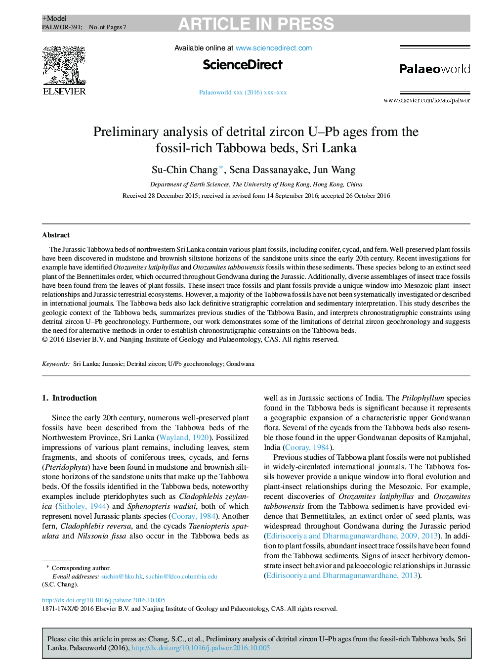 Preliminary analysis of detrital zircon U-Pb ages from the fossil-rich Tabbowa beds, Sri Lanka
