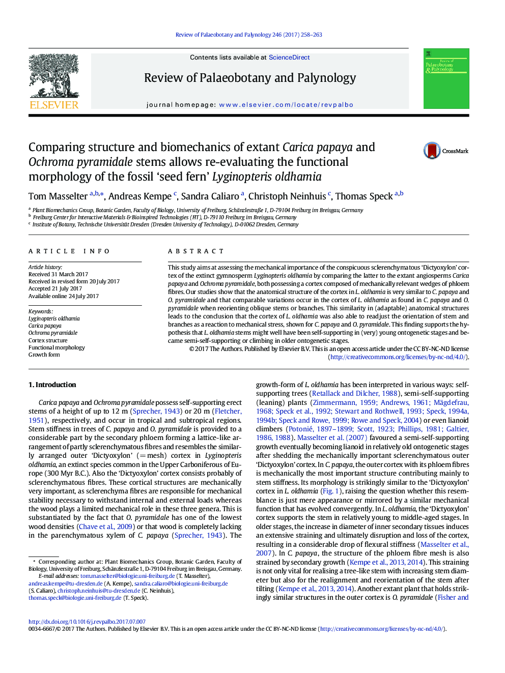 Comparing structure and biomechanics of extant Carica papaya and Ochroma pyramidale stems allows re-evaluating the functional morphology of the fossil 'seed fern' Lyginopteris oldhamia