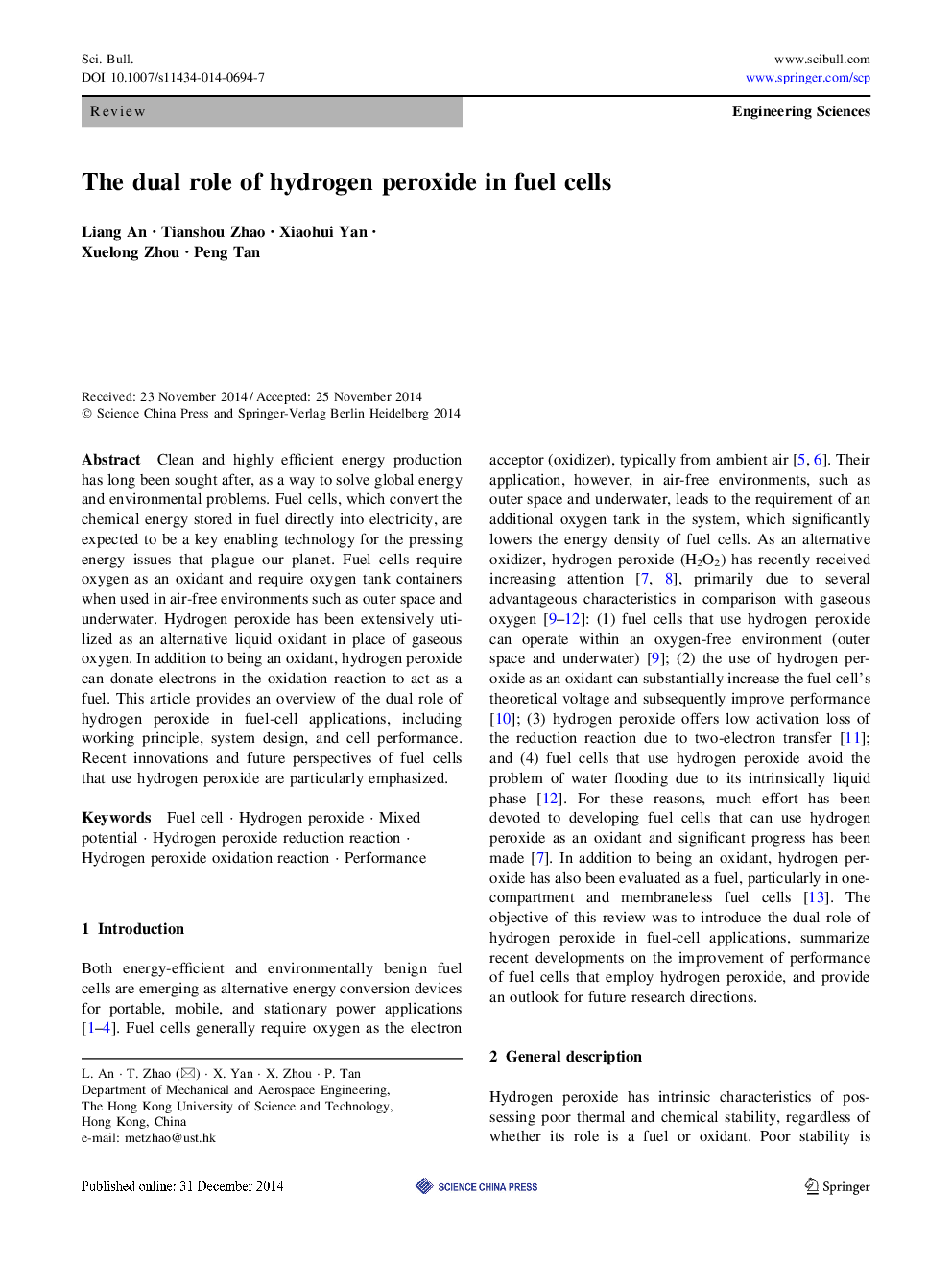 نقش دوگانه پراکسید هیدروژن در سلول های سوختی 