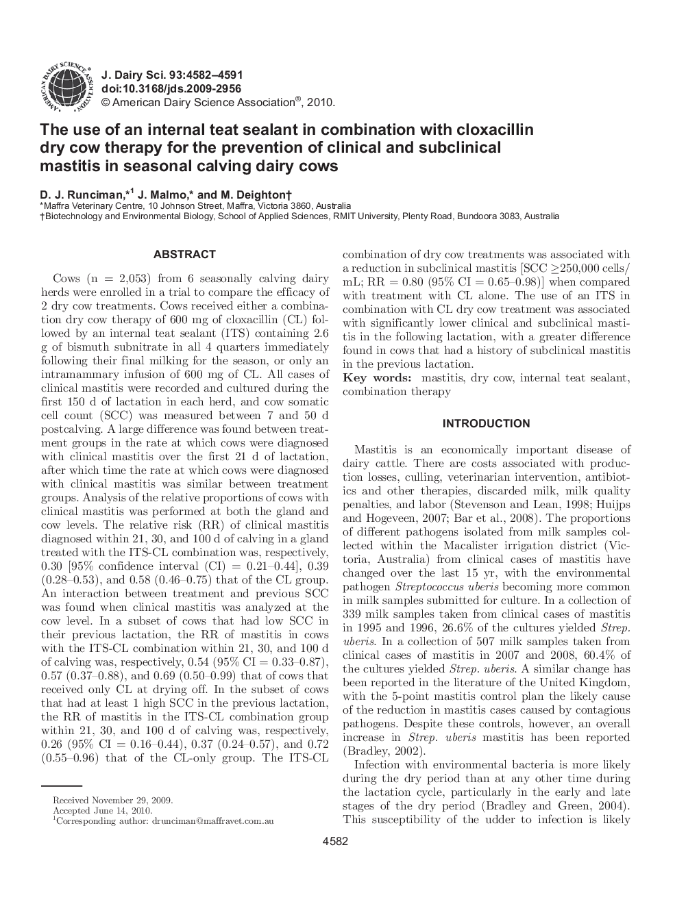 The use of an internal teat sealant in combination with cloxacillin dry cow therapy for the prevention of clinical and subclinical mastitis in seasonal calving dairy cows