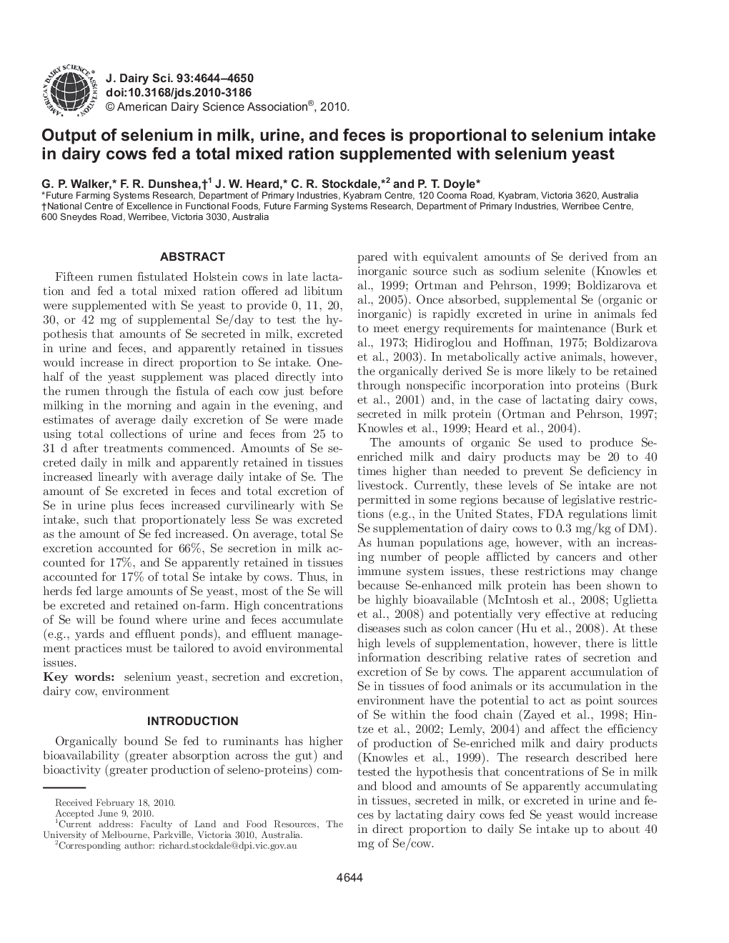 Output of selenium in milk, urine, and feces is proportional to selenium intake in dairy cows fed a total mixed ration supplemented with selenium yeast