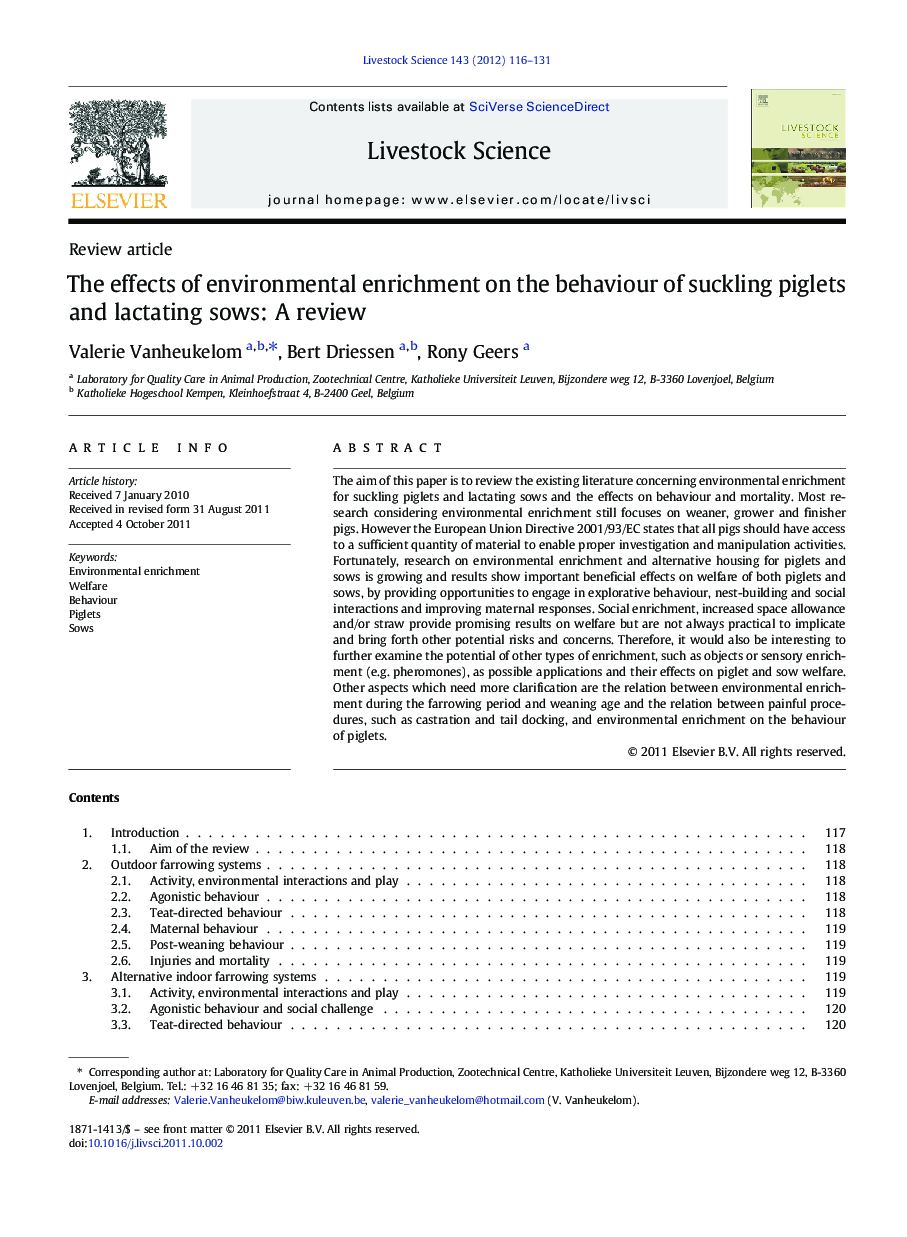 Review articleThe effects of environmental enrichment on the behaviour of suckling piglets and lactating sows: A review