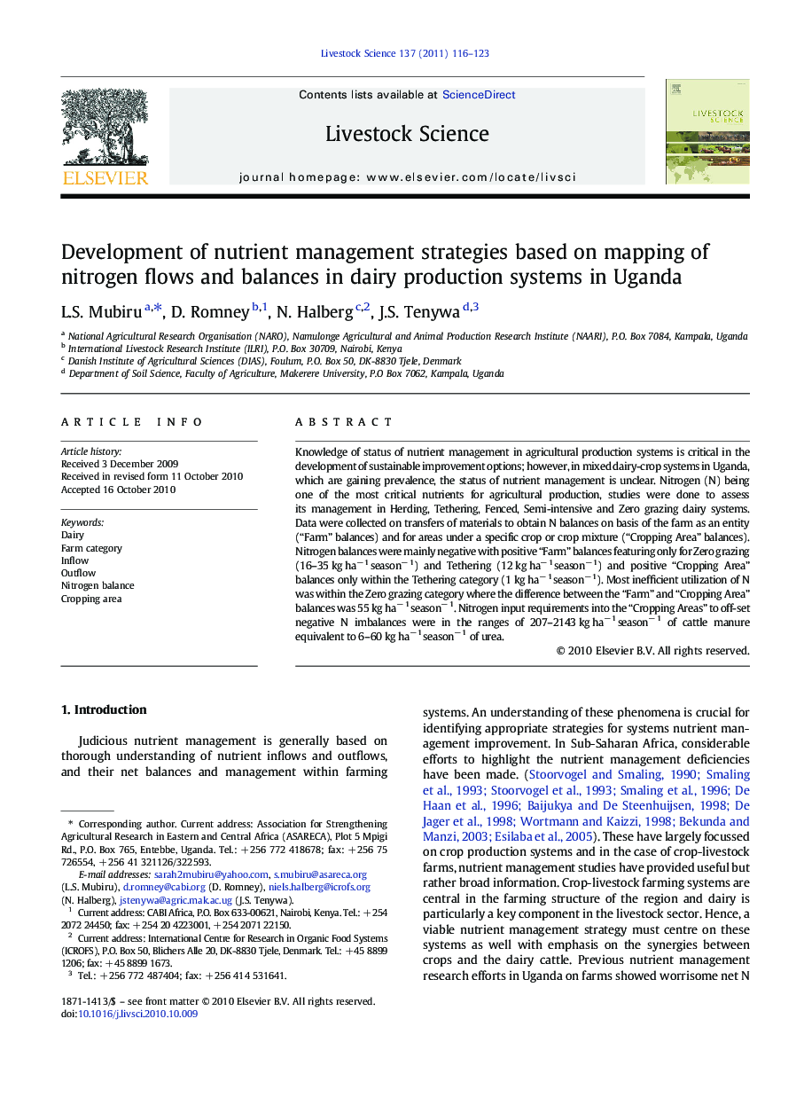 Development of nutrient management strategies based on mapping of nitrogen flows and balances in dairy production systems in Uganda
