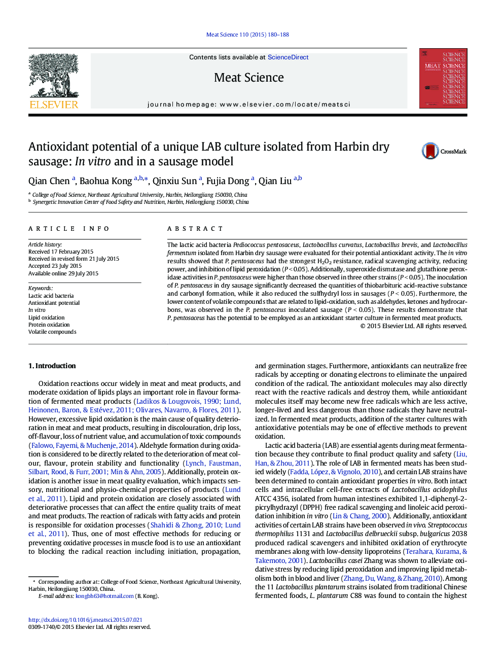 Antioxidant potential of a unique LAB culture isolated from Harbin dry sausage: In vitro and in a sausage model