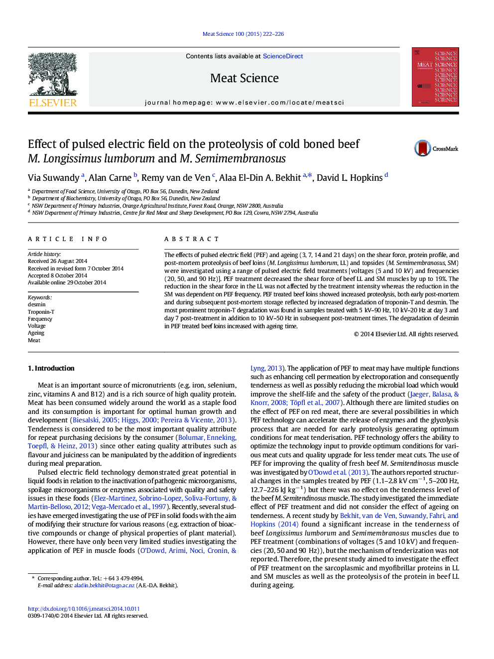 Effect of pulsed electric field on the proteolysis of cold boned beef M. Longissimus lumborum and M. Semimembranosus