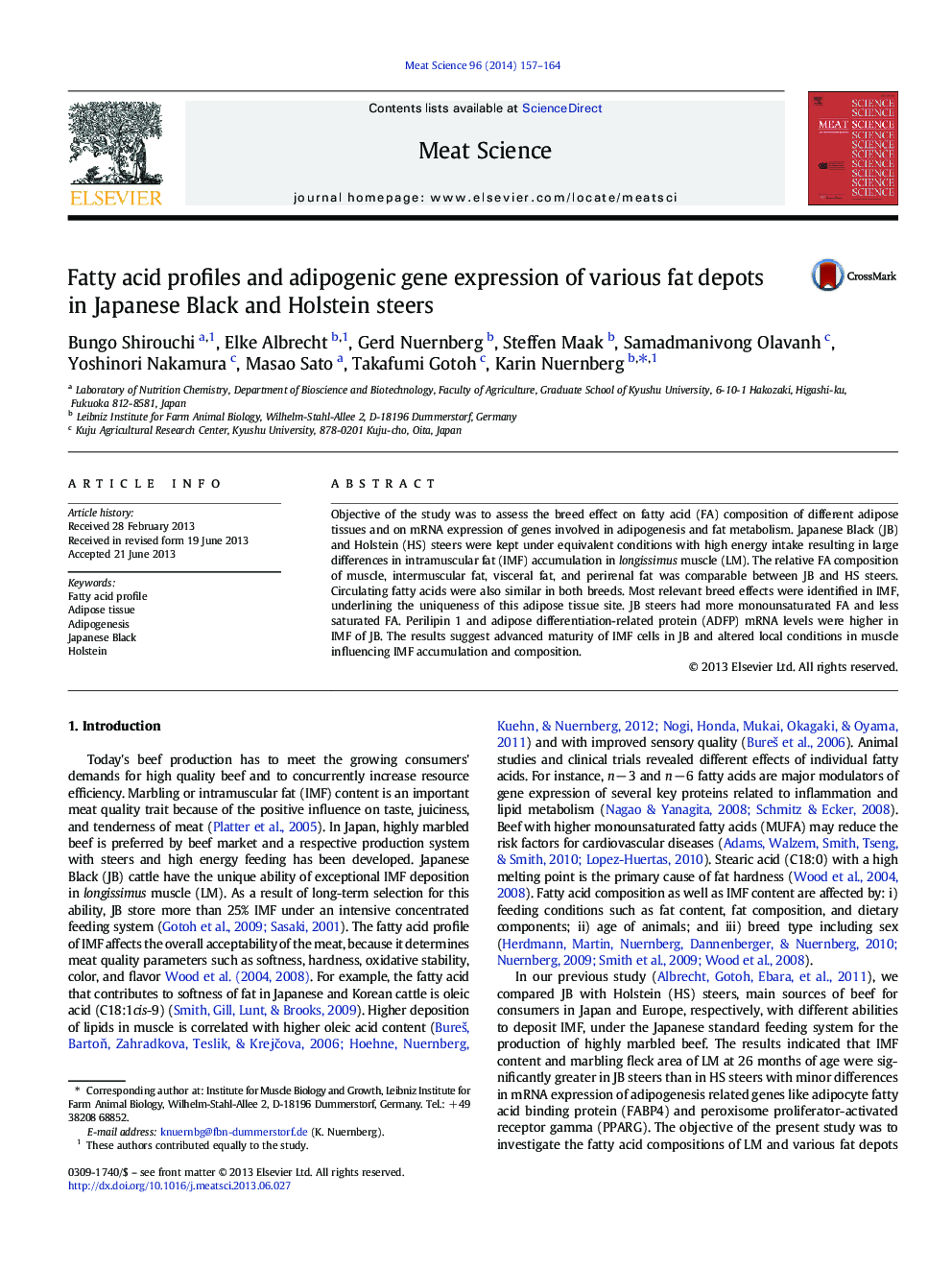 Fatty acid profiles and adipogenic gene expression of various fat depots in Japanese Black and Holstein steers