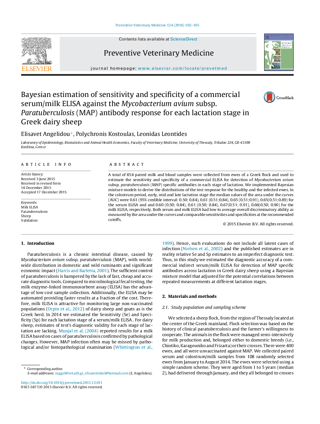 Bayesian estimation of sensitivity and specificity of a commercial serum/milk ELISA against the Mycobacterium avium subsp. Paratuberculosis (MAP) antibody response for each lactation stage in Greek dairy sheep