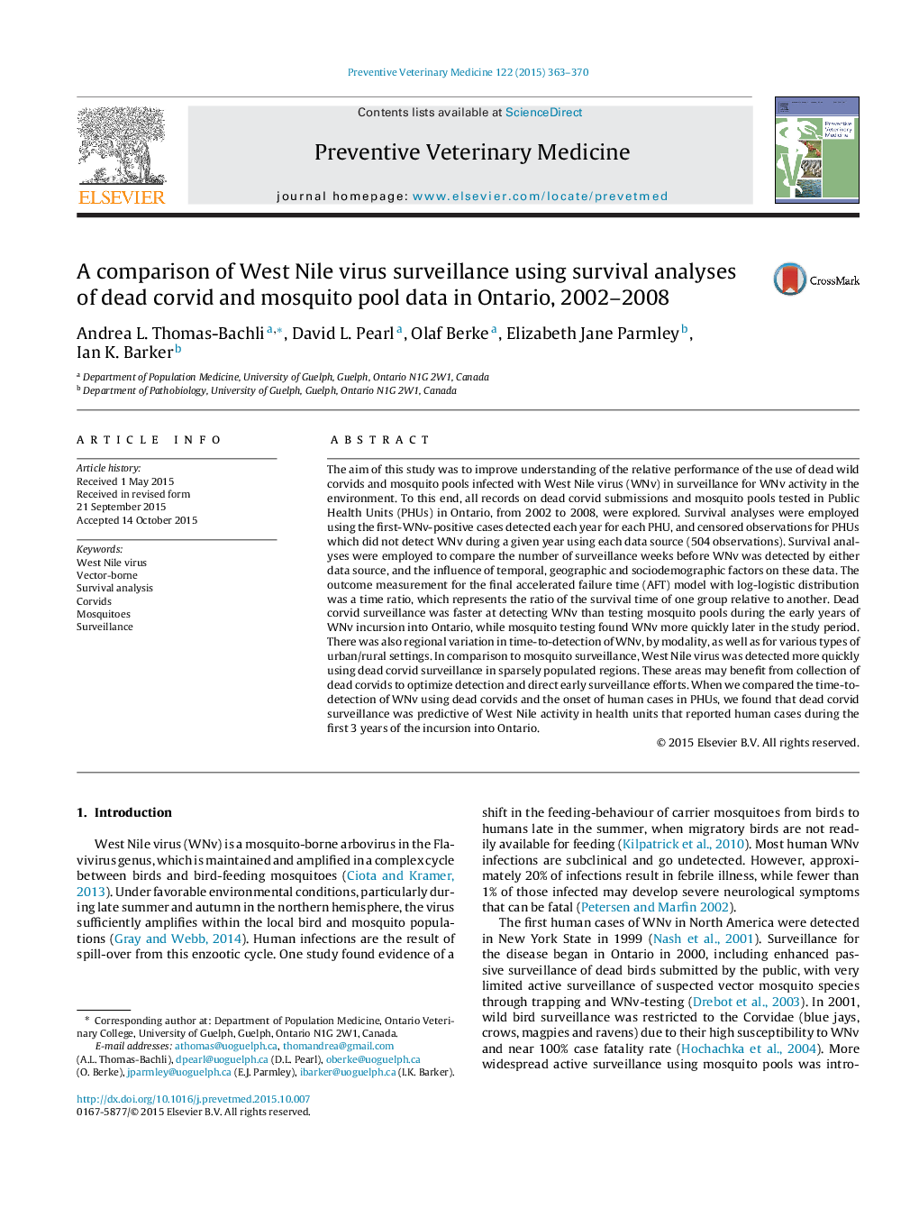 مقایسۀ نظارت بر ویروس غرب نیل با استفاده از تجزیه و تحلیل بقای داده های ماهوارهای مرغابی و پشه پنهانی در انتاریو، 2002-2008 