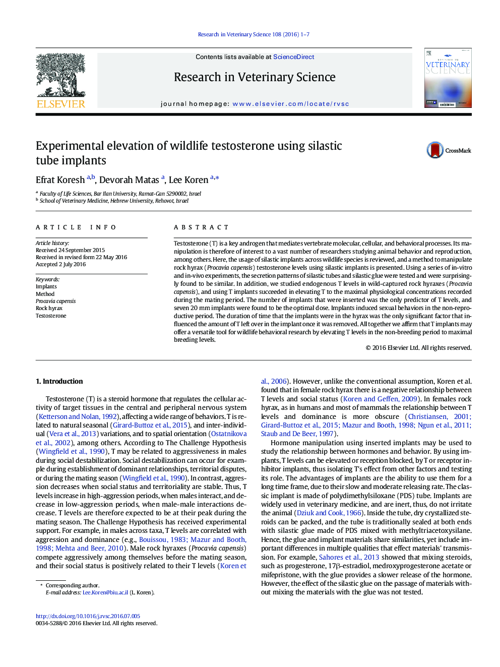 Experimental elevation of wildlife testosterone using silastic tube implants