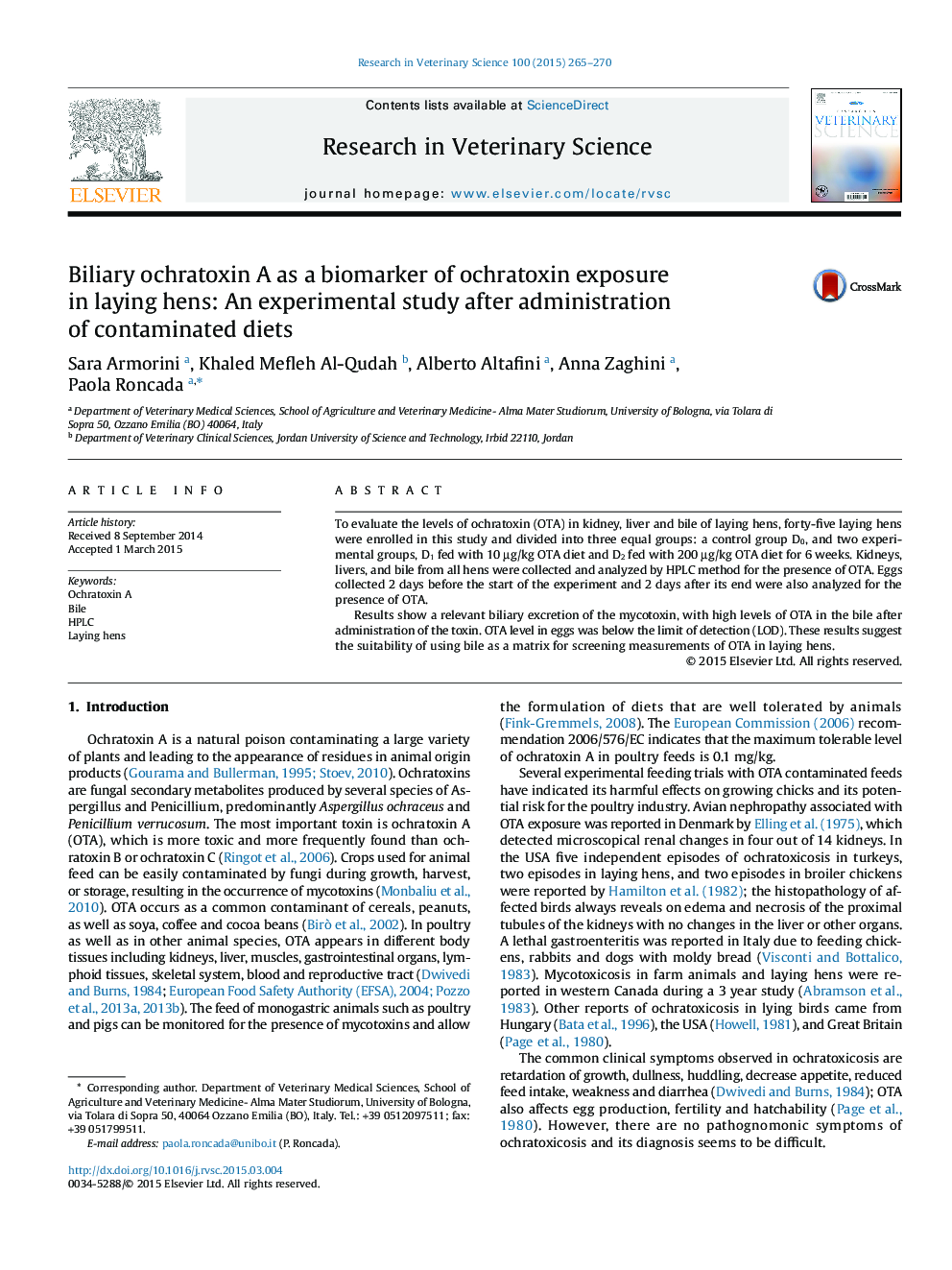 Biliary ochratoxin A as a biomarker of ochratoxin exposure in laying hens: An experimental study after administration of contaminated diets