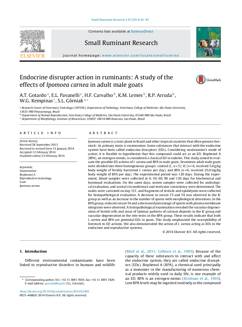 Endocrine disrupter action in ruminants: A study of the effects of Ipomoea carnea in adult male goats