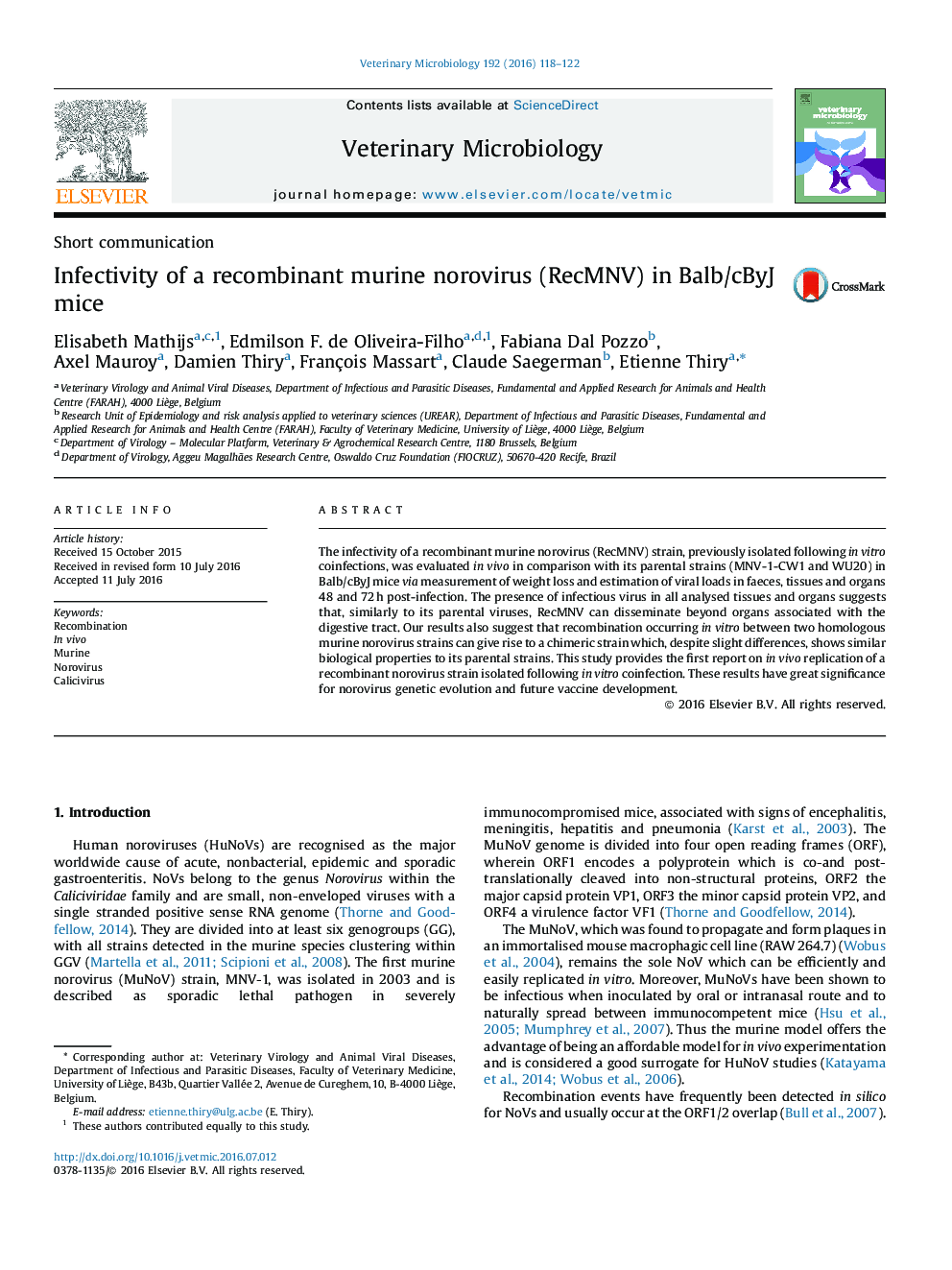 Infectivity of a recombinant murine norovirus (RecMNV) in Balb/cByJ mice