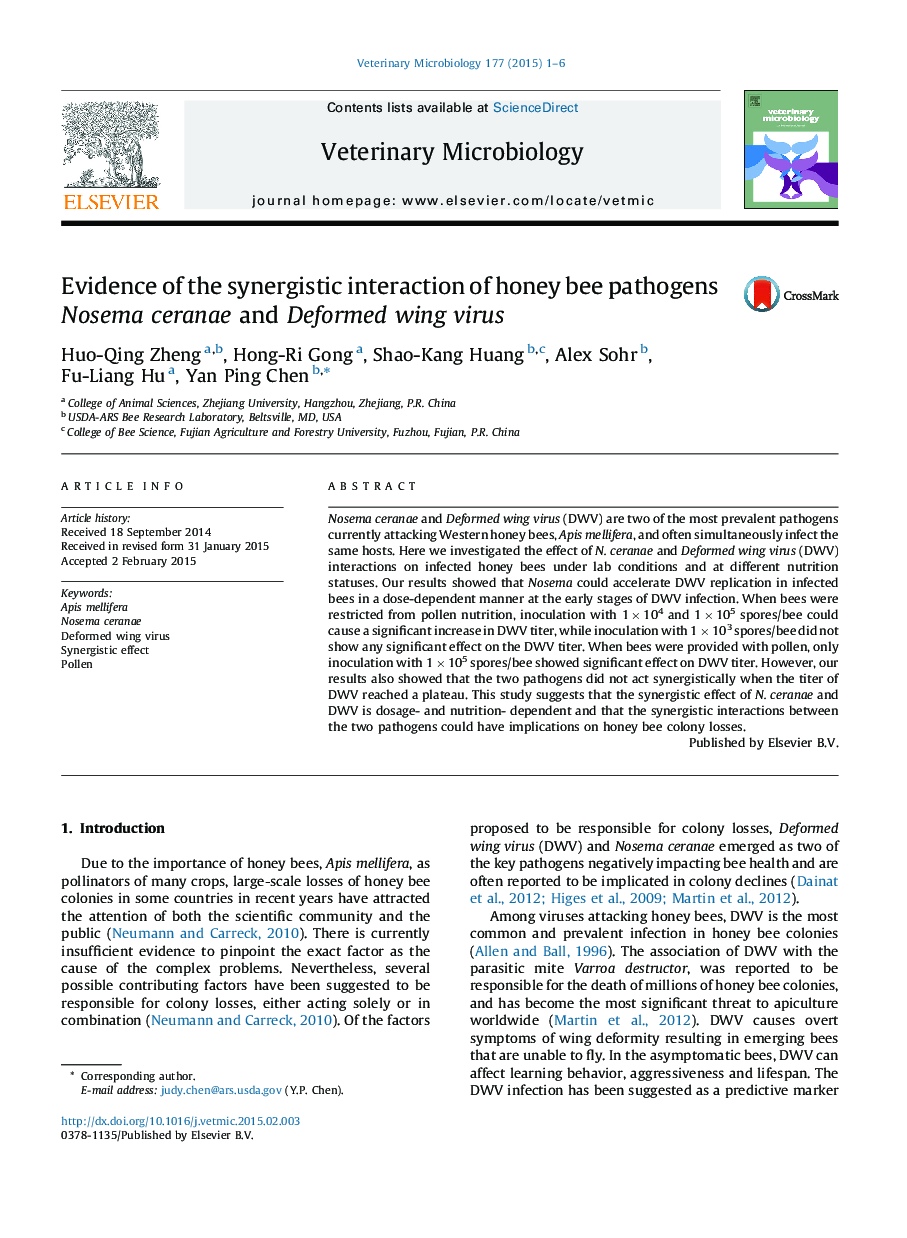 Evidence of the synergistic interaction of honey bee pathogens Nosema ceranae and Deformed wing virus