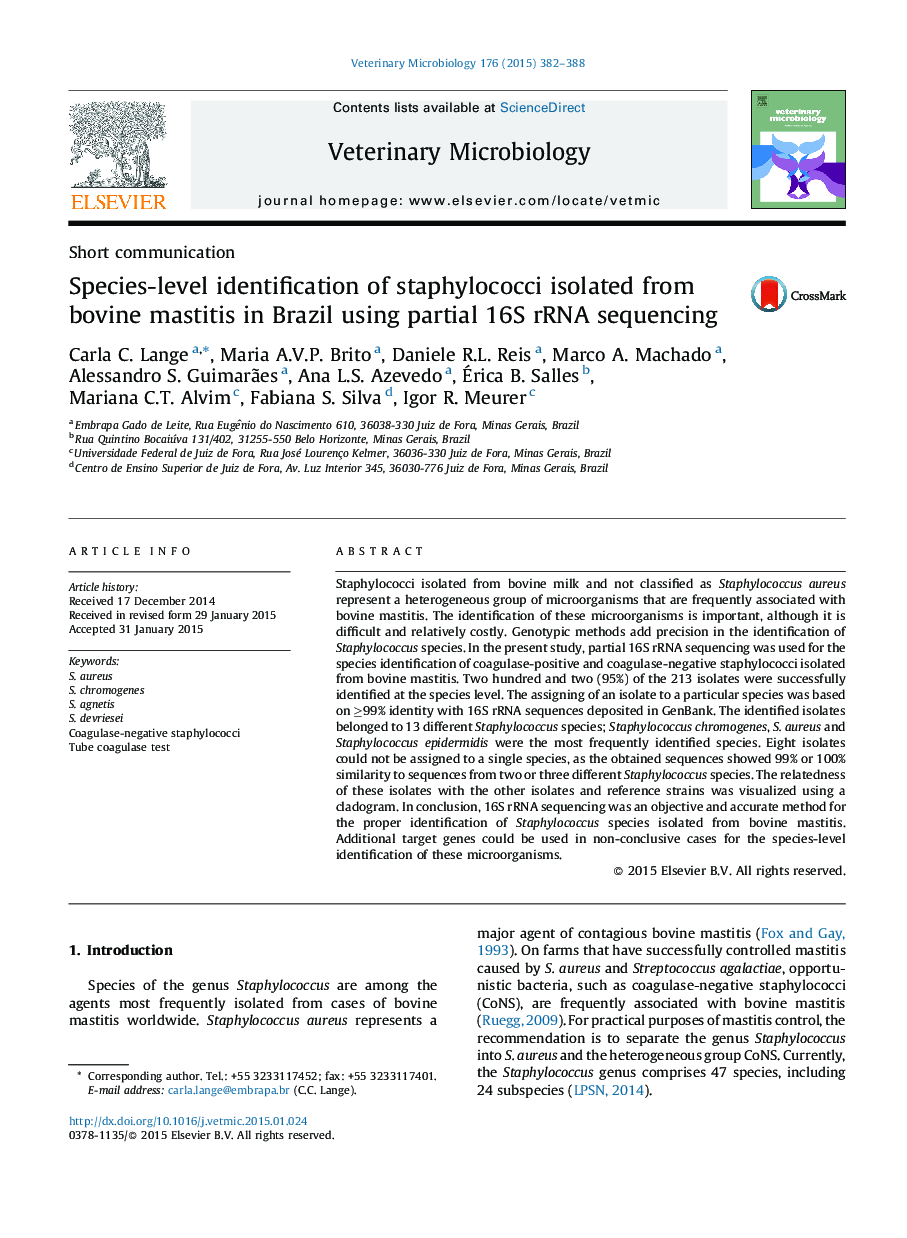 Species-level identification of staphylococci isolated from bovine mastitis in Brazil using partial 16S rRNA sequencing