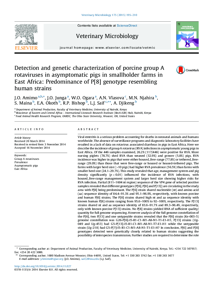 Detection and genetic characterization of porcine group A rotaviruses in asymptomatic pigs in smallholder farms in East Africa: Predominance of P[8] genotype resembling human strains