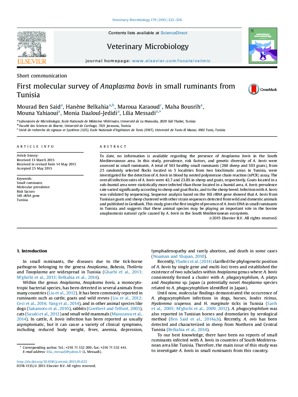 First molecular survey of Anaplasma bovis in small ruminants from Tunisia
