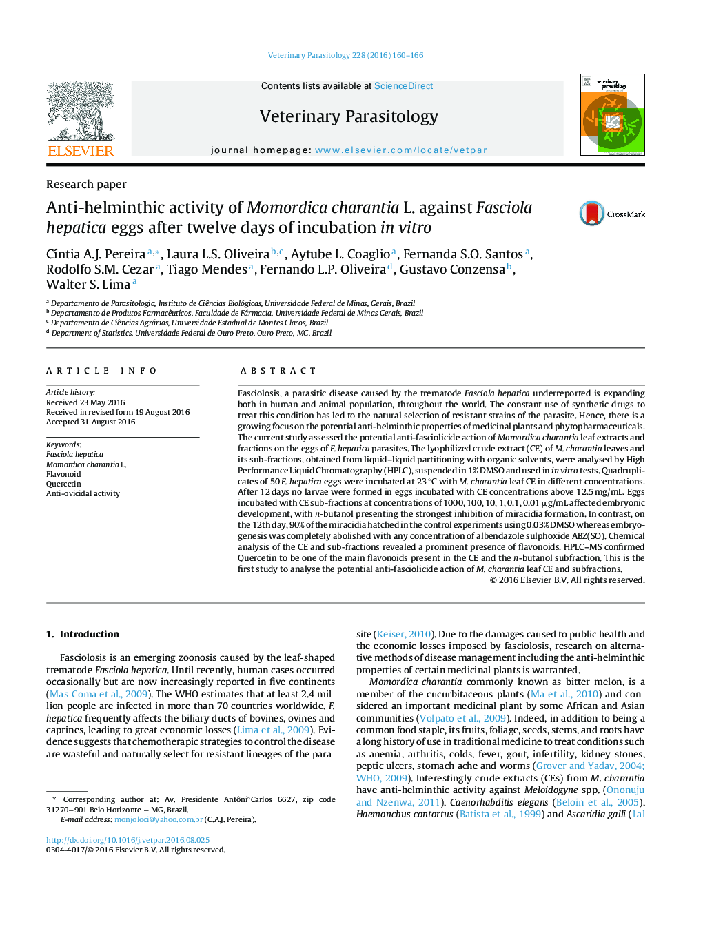 Anti-helminthic activity of Momordica charantia L. against Fasciola hepatica eggs after twelve days of incubation in vitro