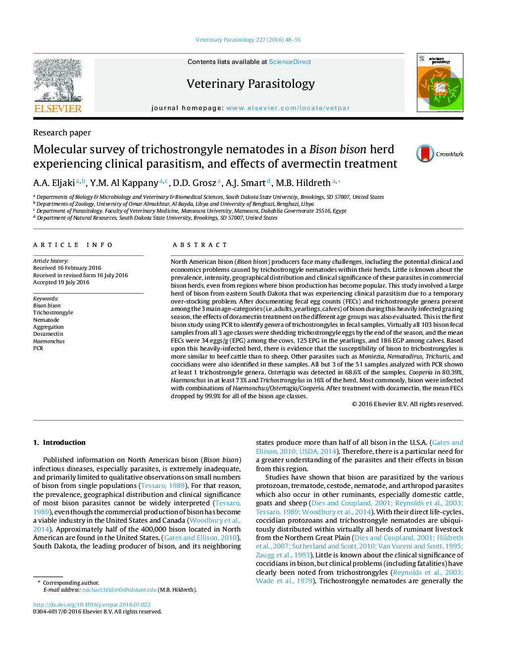 Molecular survey of trichostrongyle nematodes in a Bison bison herd experiencing clinical parasitism, and effects of avermectin treatment