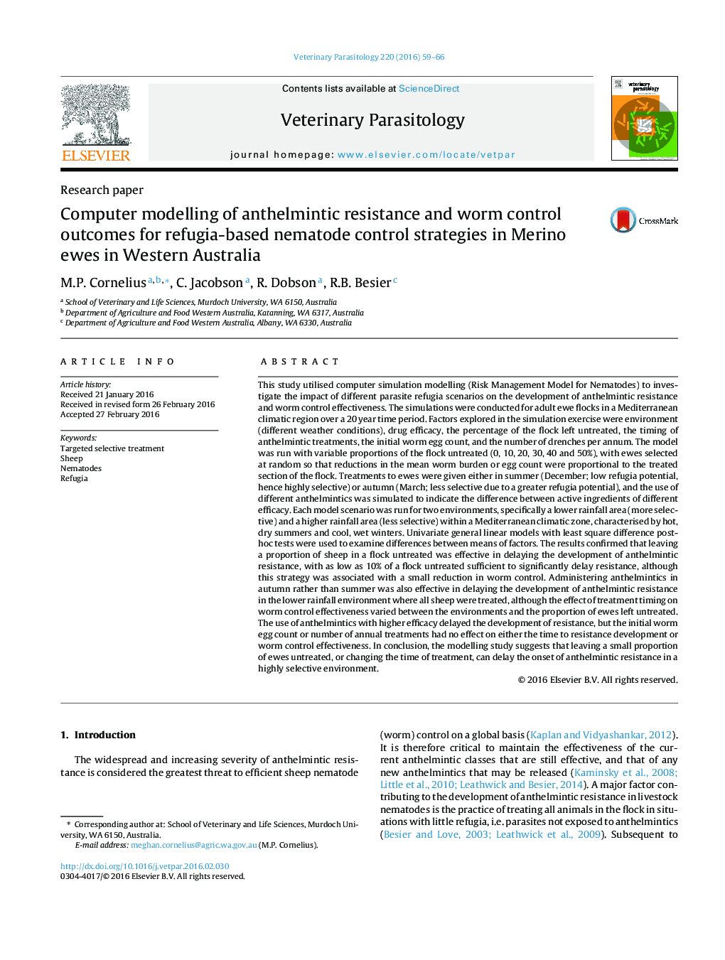 مدل سازی کامپیوتری مقاومت مقاوم به آنترومتری و نتایج کنترل کرم برای استراتژی های کنترل نماتد مبتنی بر پناهگاه در جوندگان مریینو در استرالیا غربی 