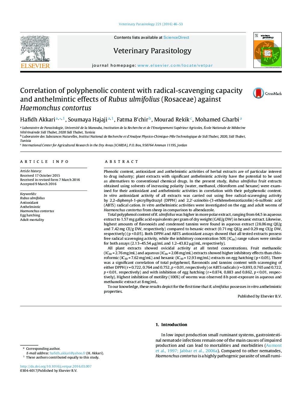 Correlation of polyphenolic content with radical-scavenging capacity and anthelmintic effects of Rubus ulmifolius (Rosaceae) against Haemonchus contortus