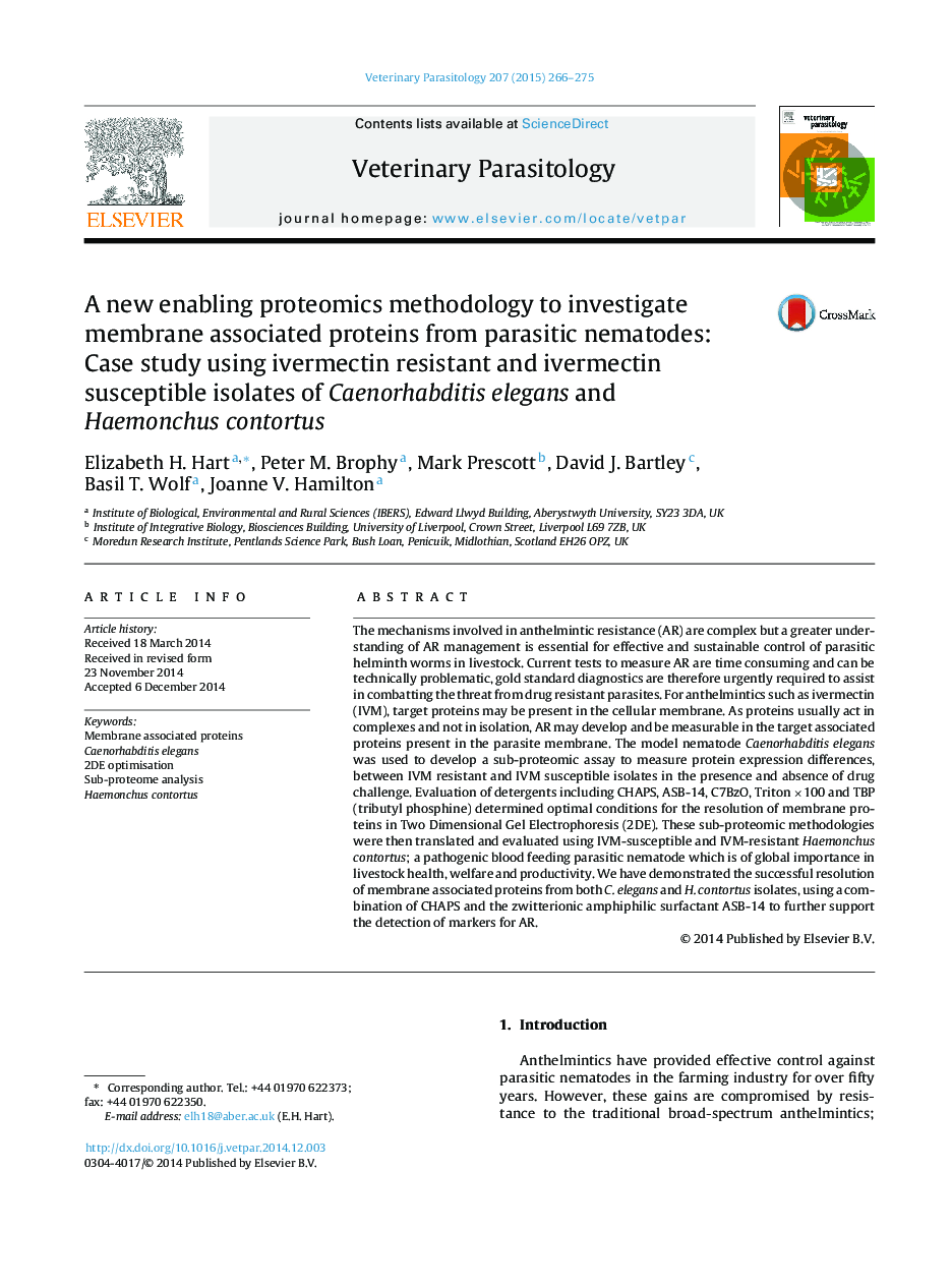 A new enabling proteomics methodology to investigate membrane associated proteins from parasitic nematodes: Case study using ivermectin resistant and ivermectin susceptible isolates of Caenorhabditis elegans and Haemonchus contortus