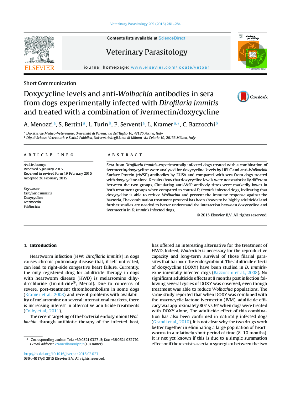 Doxycycline levels and anti-Wolbachia antibodies in sera from dogs experimentally infected with Dirofilaria immitis and treated with a combination of ivermectin/doxycycline