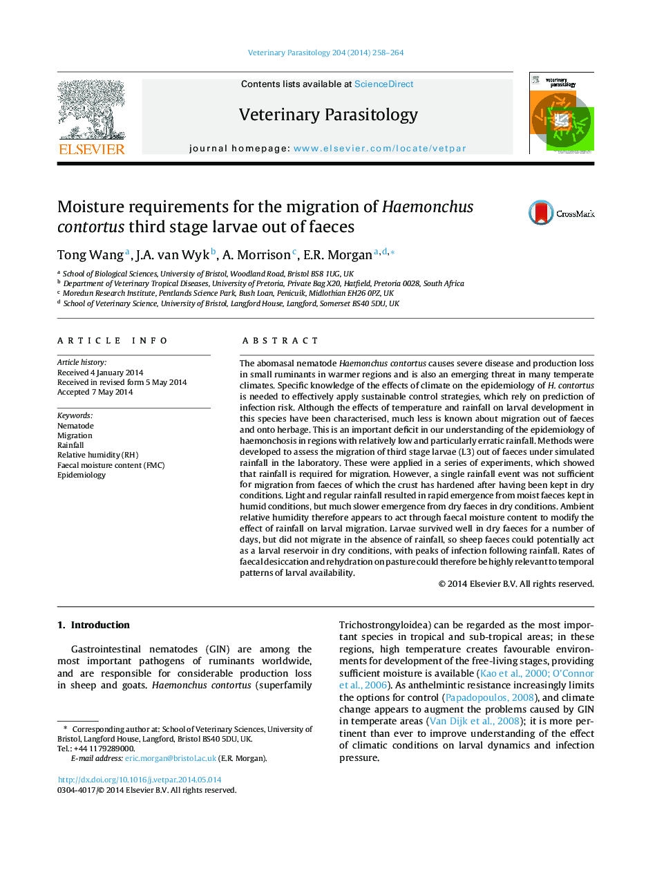 Moisture requirements for the migration of Haemonchus contortus third stage larvae out of faeces