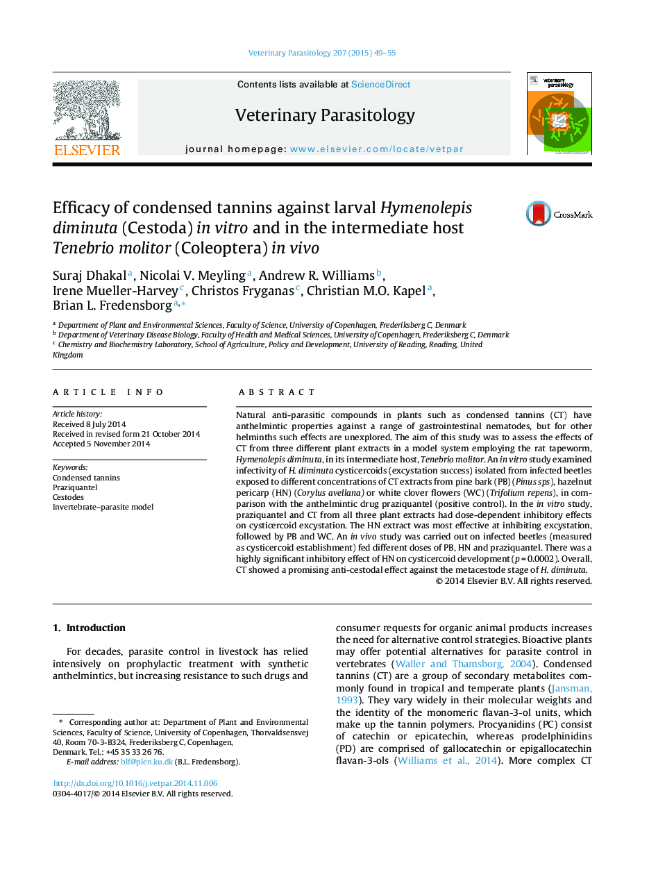 Efficacy of condensed tannins against larval Hymenolepis diminuta (Cestoda) in vitro and in the intermediate host Tenebrio molitor (Coleoptera) in vivo