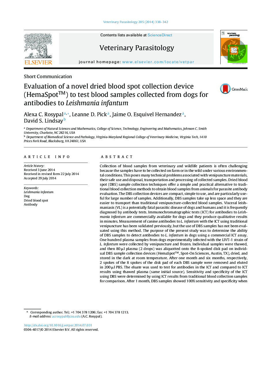 Evaluation of a novel dried blood spot collection device (HemaSpotâ¢) to test blood samples collected from dogs for antibodies to Leishmania infantum
