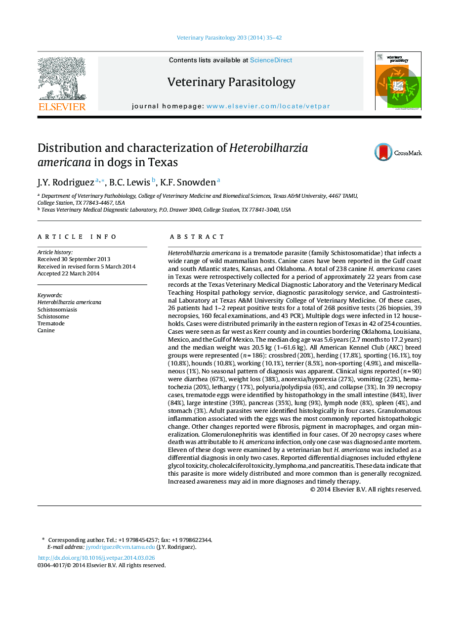 Distribution and characterization of Heterobilharzia americana in dogs in Texas