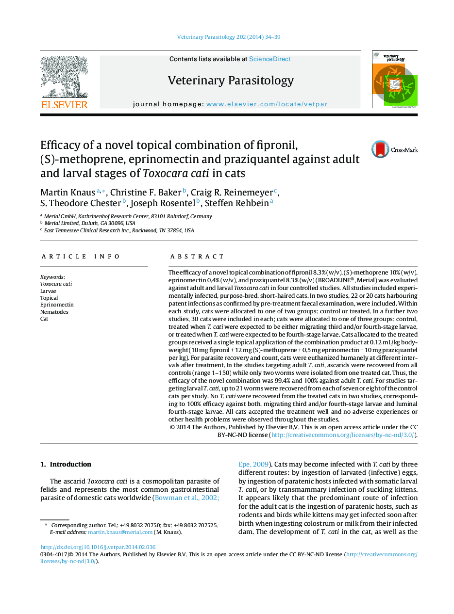 Efficacy of a novel topical combination of fipronil, (S)-methoprene, eprinomectin and praziquantel against adult and larval stages of Toxocara cati in cats