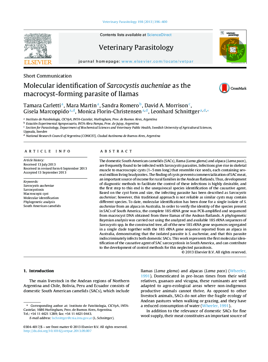 Molecular identification of Sarcocystis aucheniae as the macrocyst-forming parasite of llamas