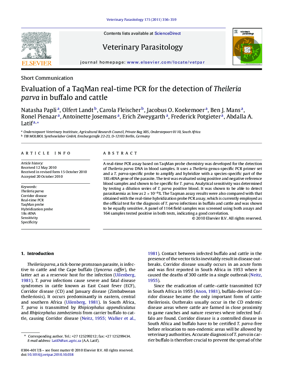 Evaluation of a TaqMan real-time PCR for the detection of Theileria parva in buffalo and cattle