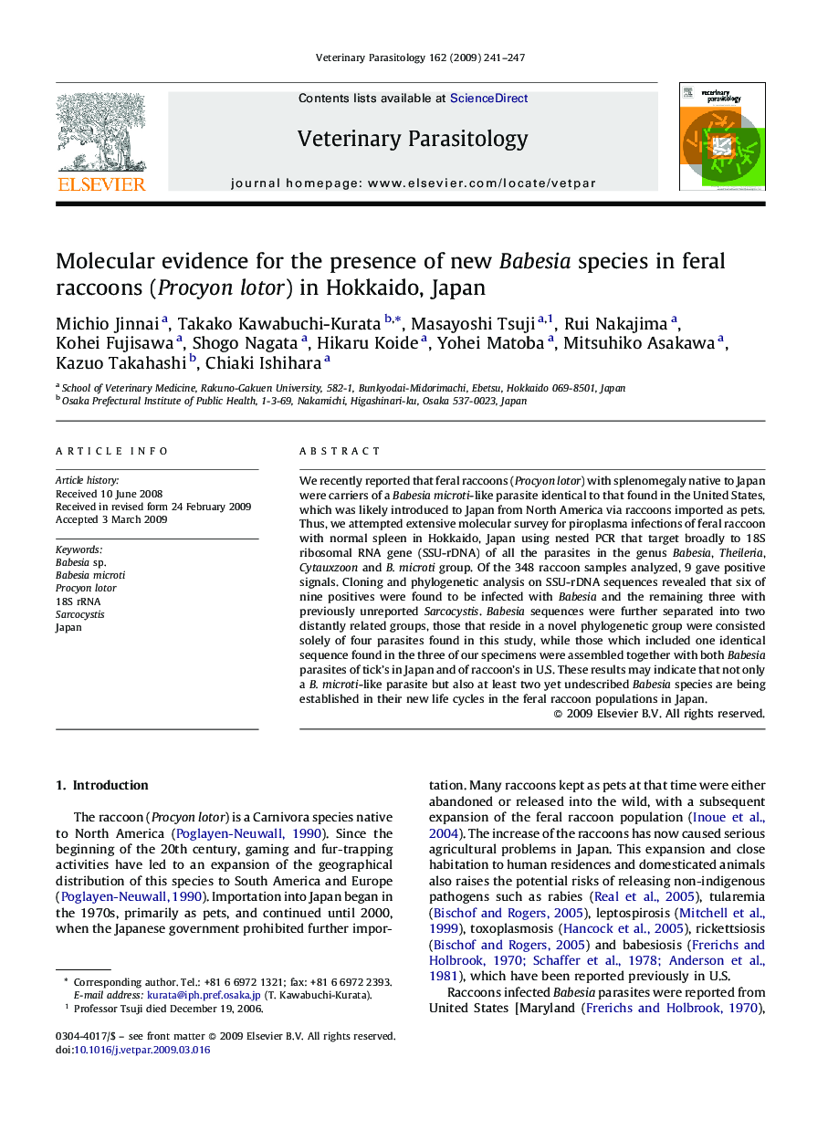 Molecular evidence for the presence of new Babesia species in feral raccoons (Procyon lotor) in Hokkaido, Japan