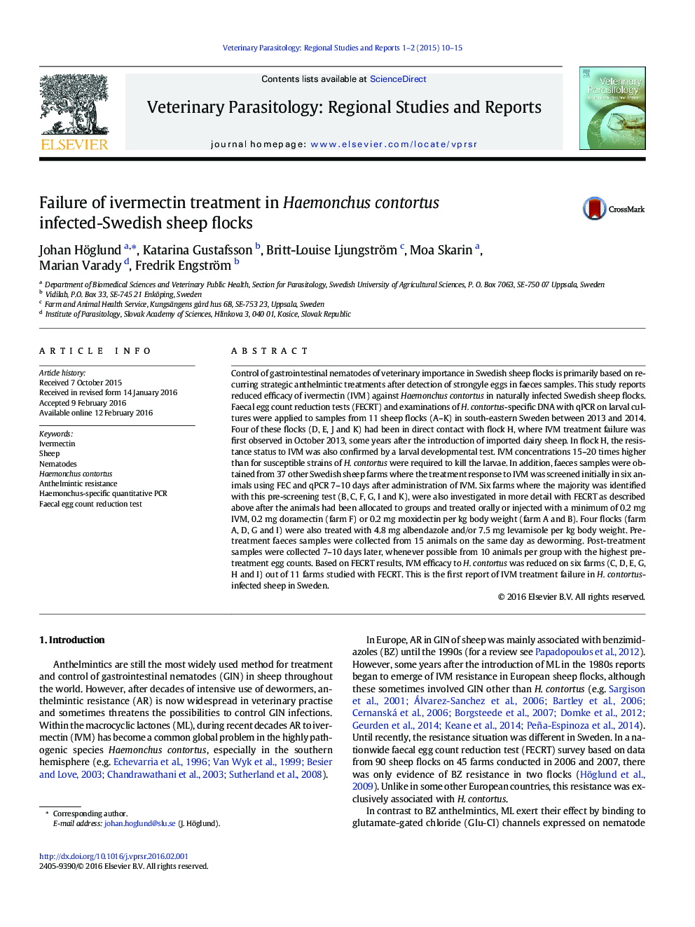 Failure of ivermectin treatment in Haemonchus contortus infected-Swedish sheep flocks