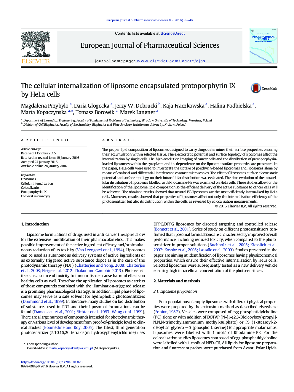 The cellular internalization of liposome encapsulated protoporphyrin IX by HeLa cells