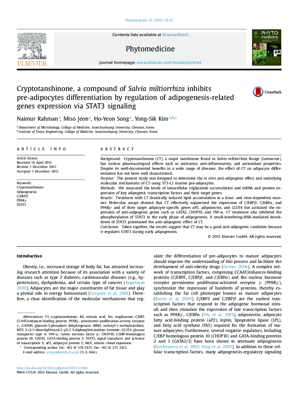 Cryptotanshinone, a compound of Salvia miltiorrhiza inhibits pre-adipocytes differentiation by regulation of adipogenesis-related genes expression via STAT3 signaling