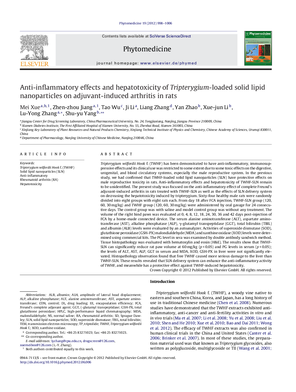 Anti-inflammatory effects and hepatotoxicity of Tripterygium-loaded solid lipid nanoparticles on adjuvant-induced arthritis in rats