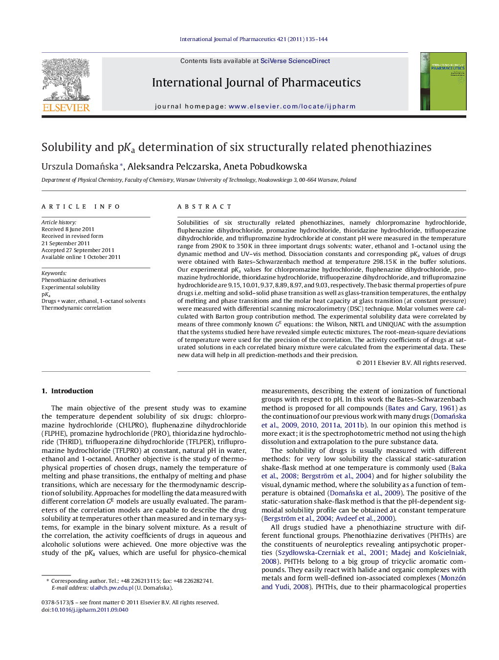 Solubility and pKa determination of six structurally related phenothiazines