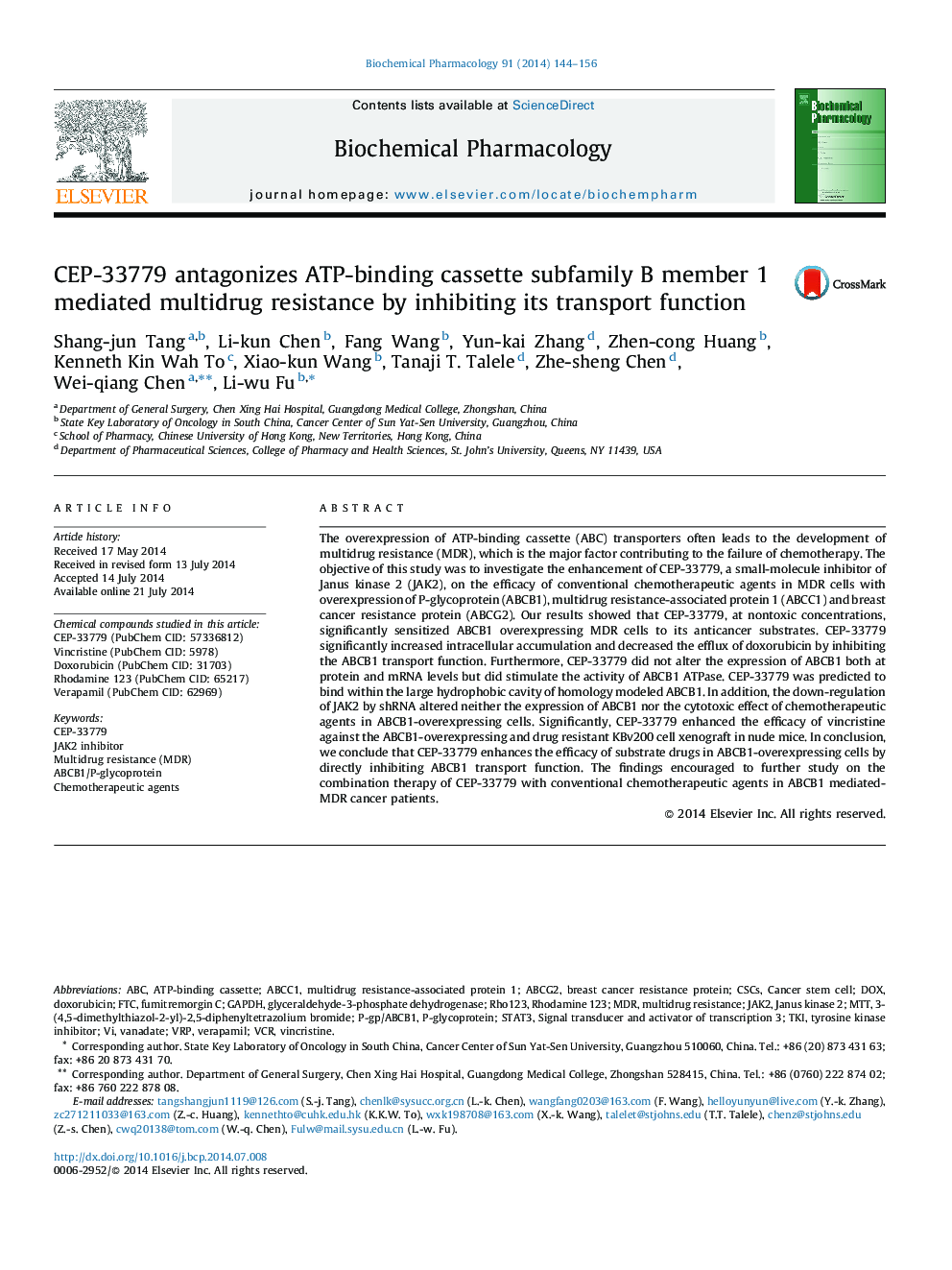 CEP-33779 antagonizes ATP-binding cassette subfamily B member 1 mediated multidrug resistance by inhibiting its transport function