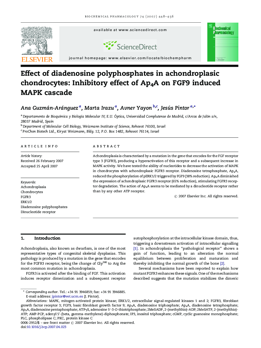 Effect of diadenosine polyphosphates in achondroplasic chondrocytes: Inhibitory effect of Ap4A on FGF9 induced MAPK cascade