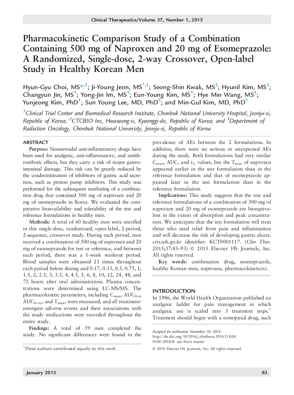 مقایسه فارماکوکینتیک یک ترکیب حاوی 500 میلیگرم ناپروکسن و 20 میلیگرم اسموپرازول: یک مطالعه کیفی تصادفی، یک دوز، دو طرفه و یک بازه در مردان کره ای سالم 