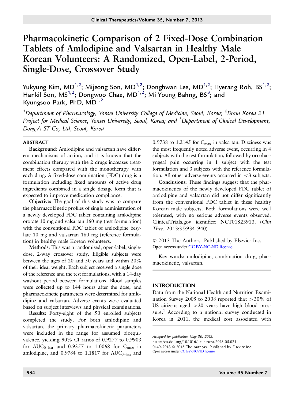 مقایسه فارماکوکینتیکی دو قرص ترکیبی ثابت آملودیپین و وارسراتان در داوطلبان سالم کره جنوبی: یک مطالعه تجربی، دوزبانه، یک مطالعه کراسورو 