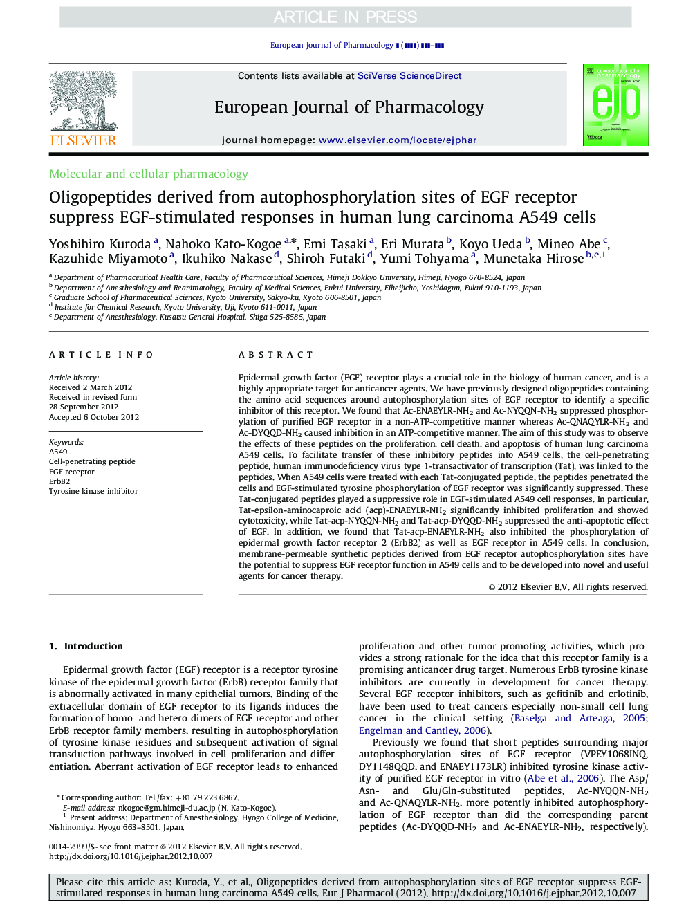 Oligopeptides derived from autophosphorylation sites of EGF receptor suppress EGF-stimulated responses in human lung carcinoma A549 cells