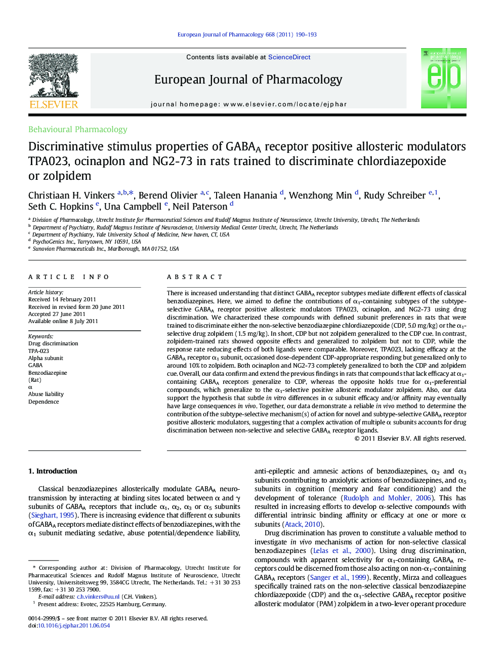 Behavioural PharmacologyDiscriminative stimulus properties of GABAA receptor positive allosteric modulators TPA023, ocinaplon and NG2-73 in rats trained to discriminate chlordiazepoxide or zolpidem