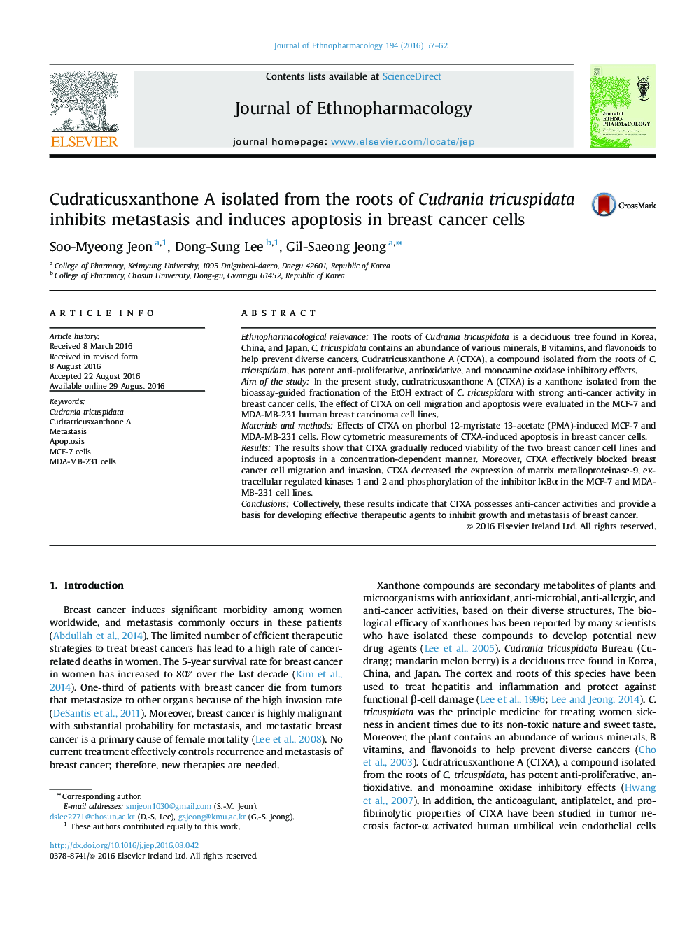 Cudraticusxanthone A isolated from the roots of Cudrania tricuspidata inhibits metastasis and induces apoptosis in breast cancer cells