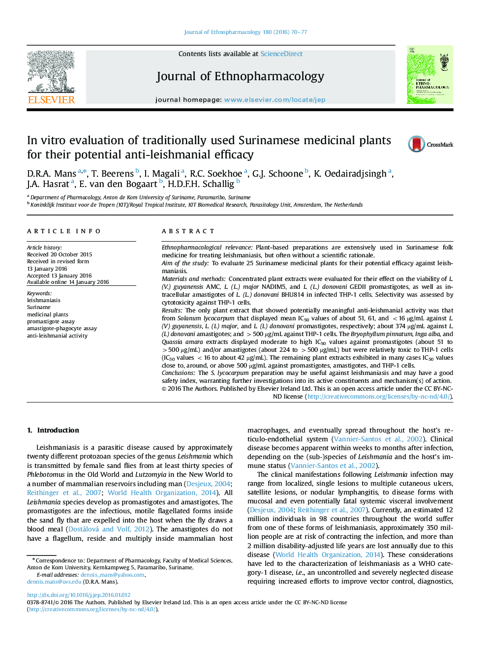 In vitro evaluation of traditionally used Surinamese medicinal plants for their potential anti-leishmanial efficacy