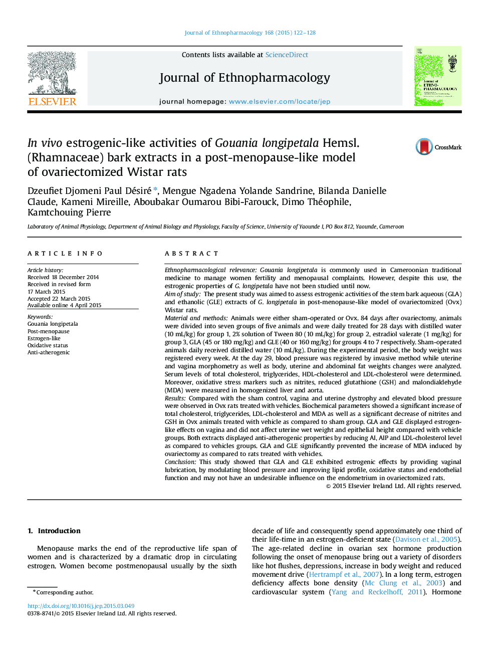 In vivo estrogenic-like activities of Gouania longipetala Hemsl. (Rhamnaceae) bark extracts in a post-menopause-like model of ovariectomized Wistar rats