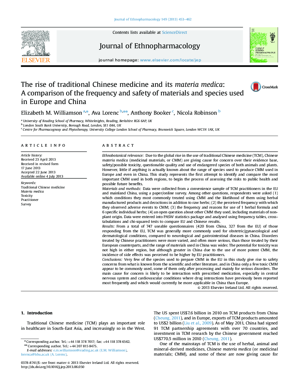 The rise of traditional Chinese medicine and its materia medica: A comparison of the frequency and safety of materials and species used in Europe and China
