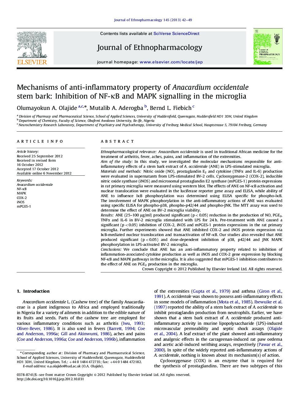 Mechanisms of anti-inflammatory property of Anacardium occidentale stem bark: Inhibition of NF-ÎºB and MAPK signalling in the microglia